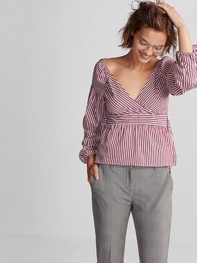 NWOT Express Maroon Stripe Wrap Peplum Cotton Blend Top Size XS